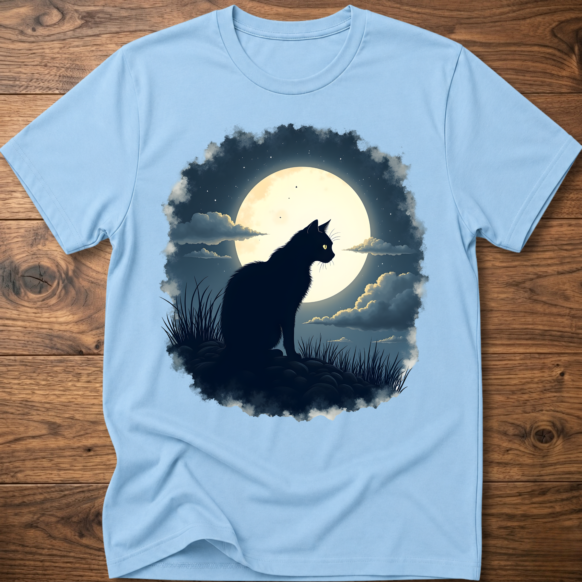 Light blue T-shirt with black cat silhouette and full moon graphic