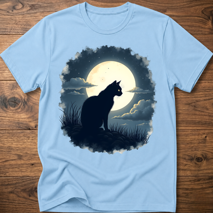 Light blue T-shirt with black cat silhouette and full moon graphic