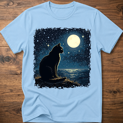 Light blue T-shirt with black cat under moonlit night sky graphic, short sleeves