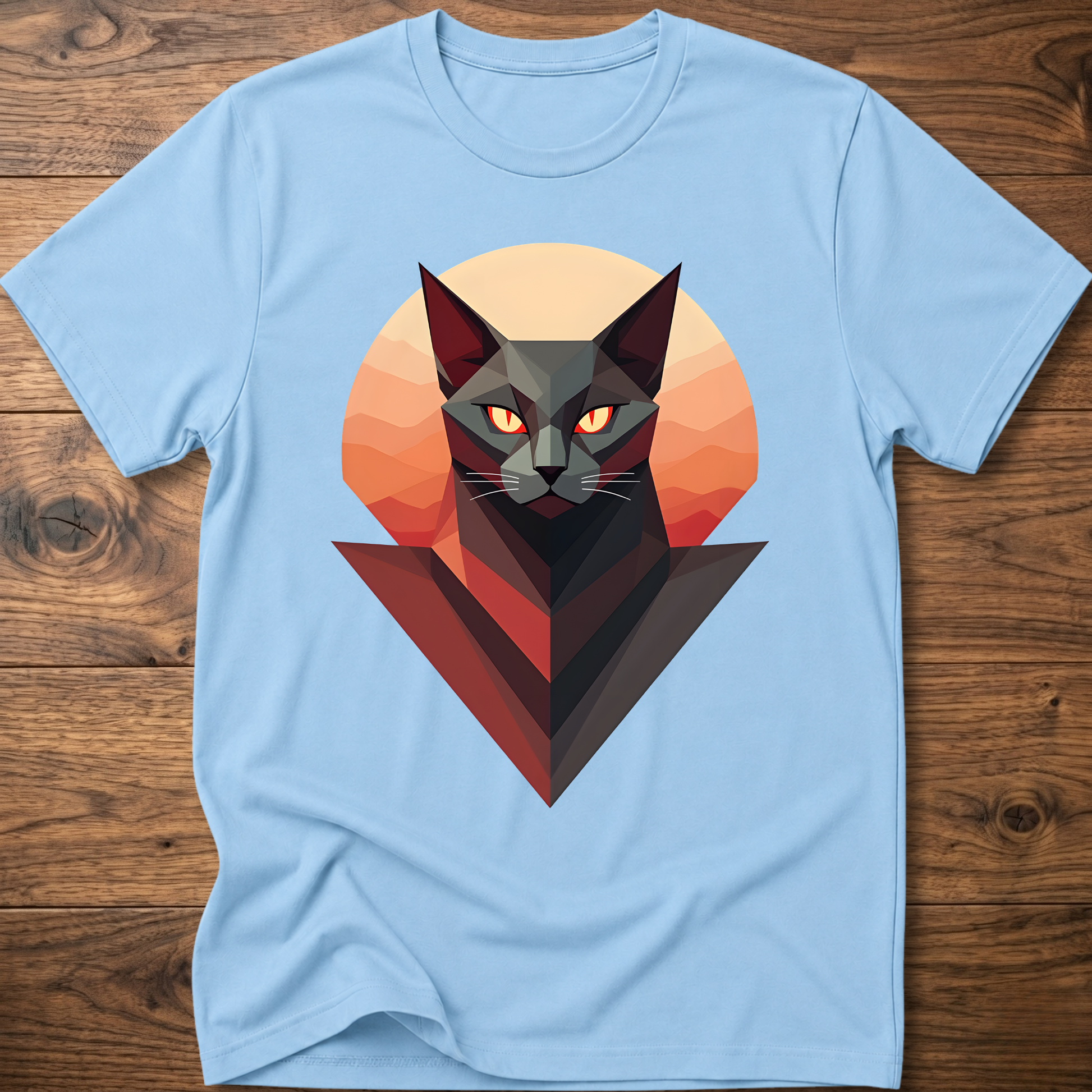 Powder blue crew-neck cat geometric graphic T-shirt, short sleeves, red-orange triangle cat