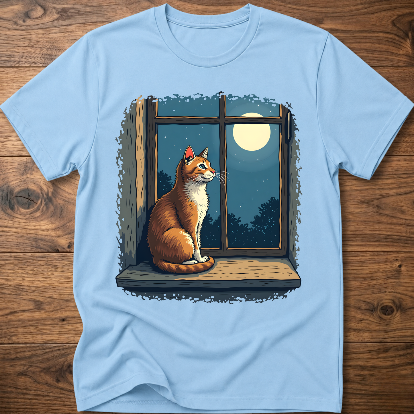 Light blue t-shirt with vintage cat sitting by a window under a moon