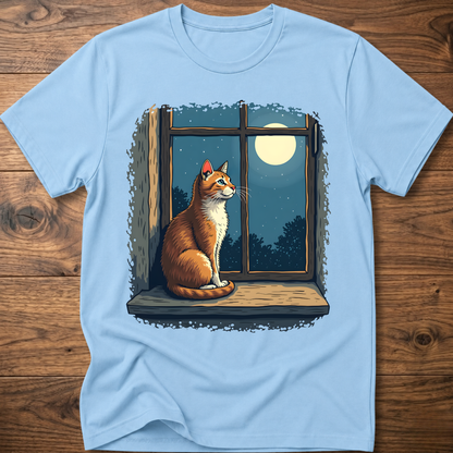 Light blue t-shirt with vintage cat sitting by a window under a moon
