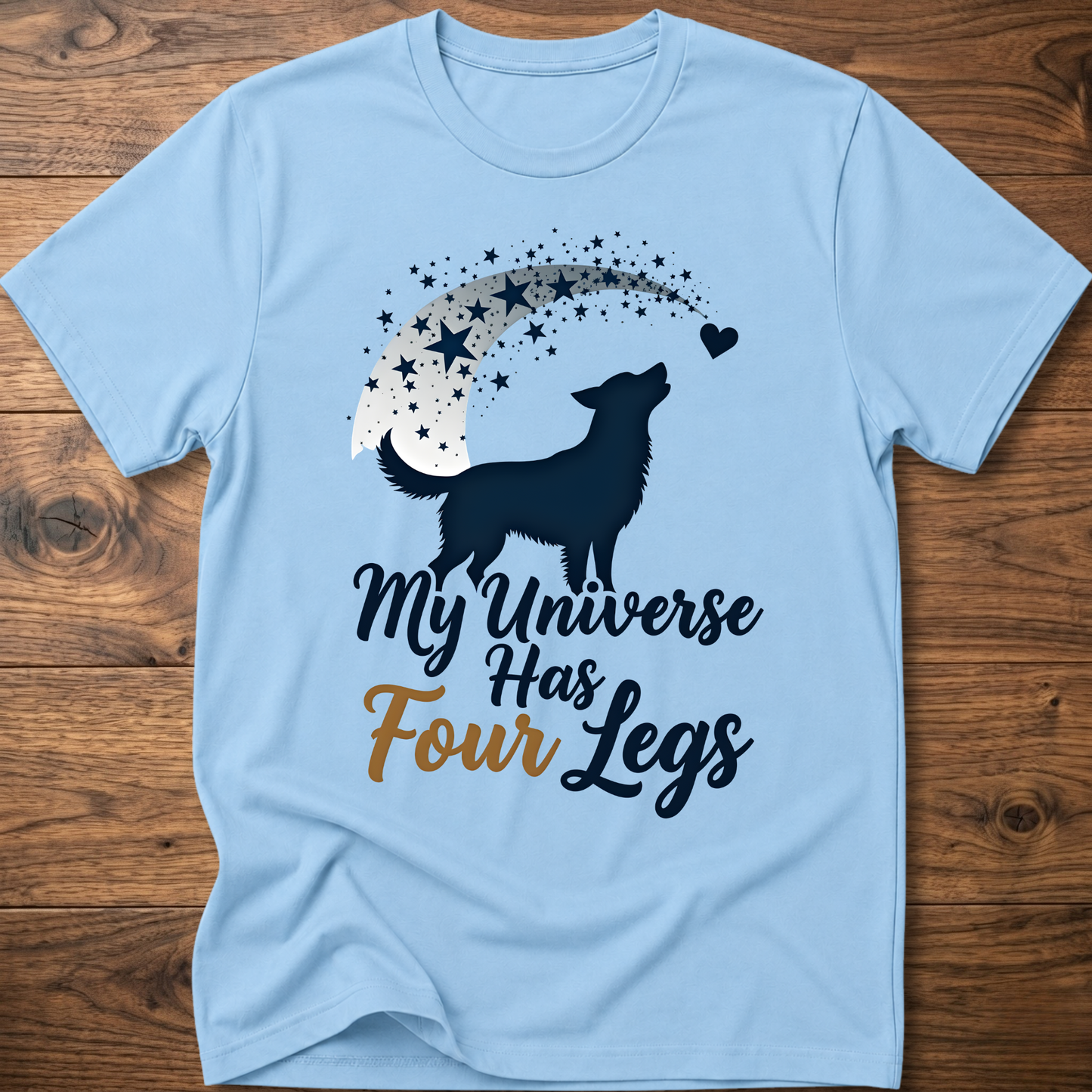 Light blue dog graphic crew-neck T-shirt with 'My Universe Has Four Legs' text