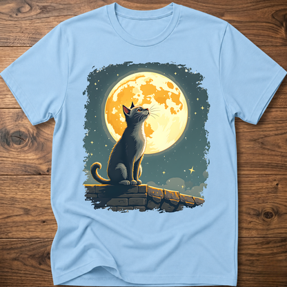 Light blue cat graphic t-shirt with moonlit mural print