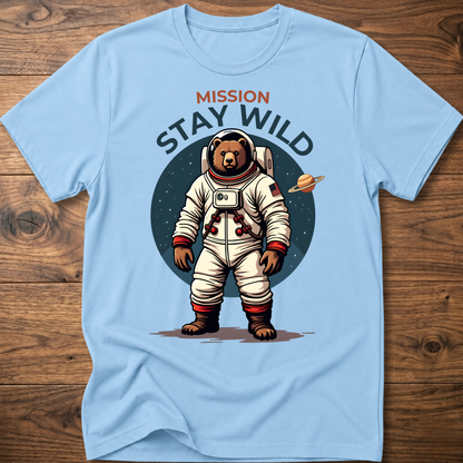 Light blue crew-neck T-shirt with 'Mission Stay Wild' astronaut bear graphic