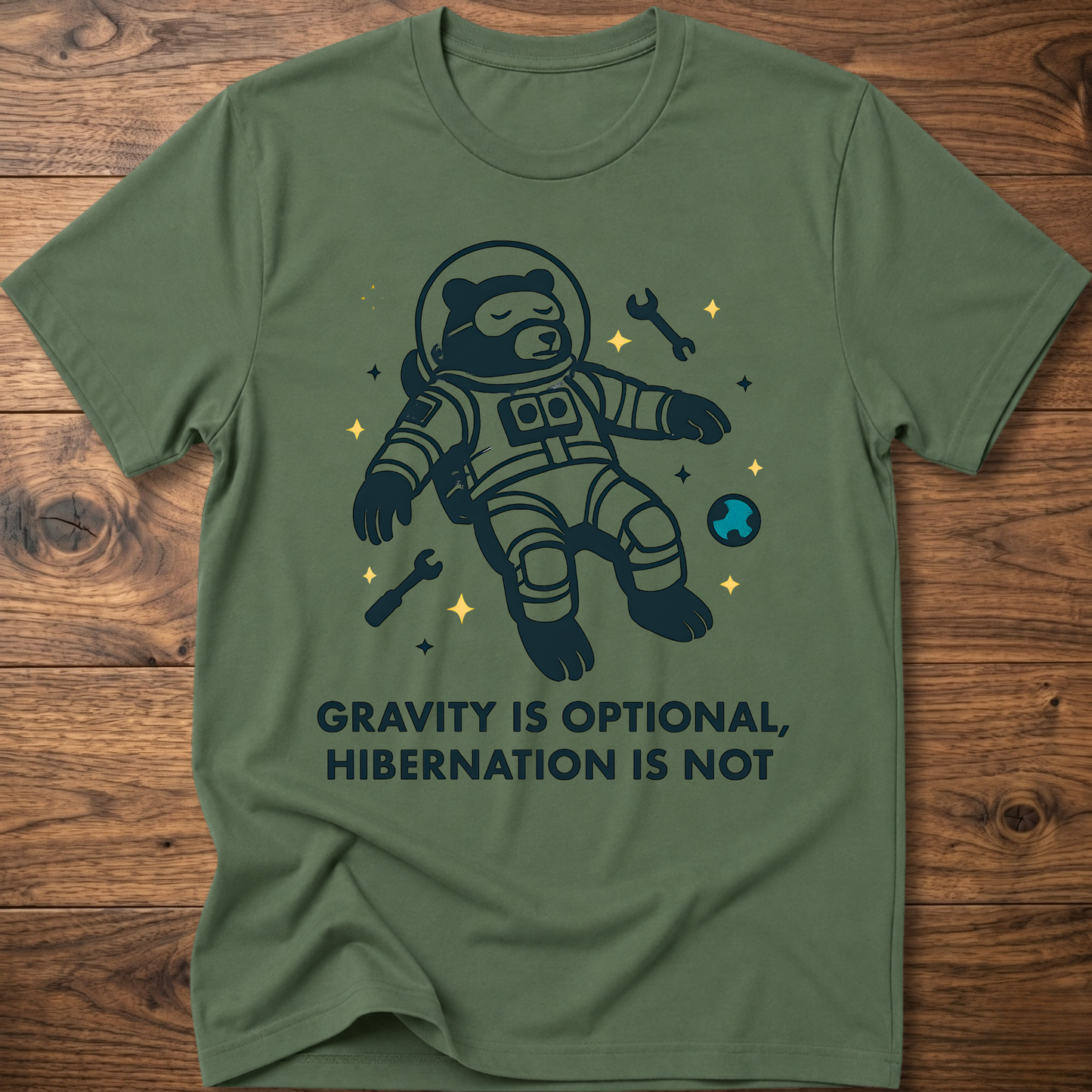 Hibernation bear astronaut t-shirt in olive green with front astronaut bear graphic and slogan text