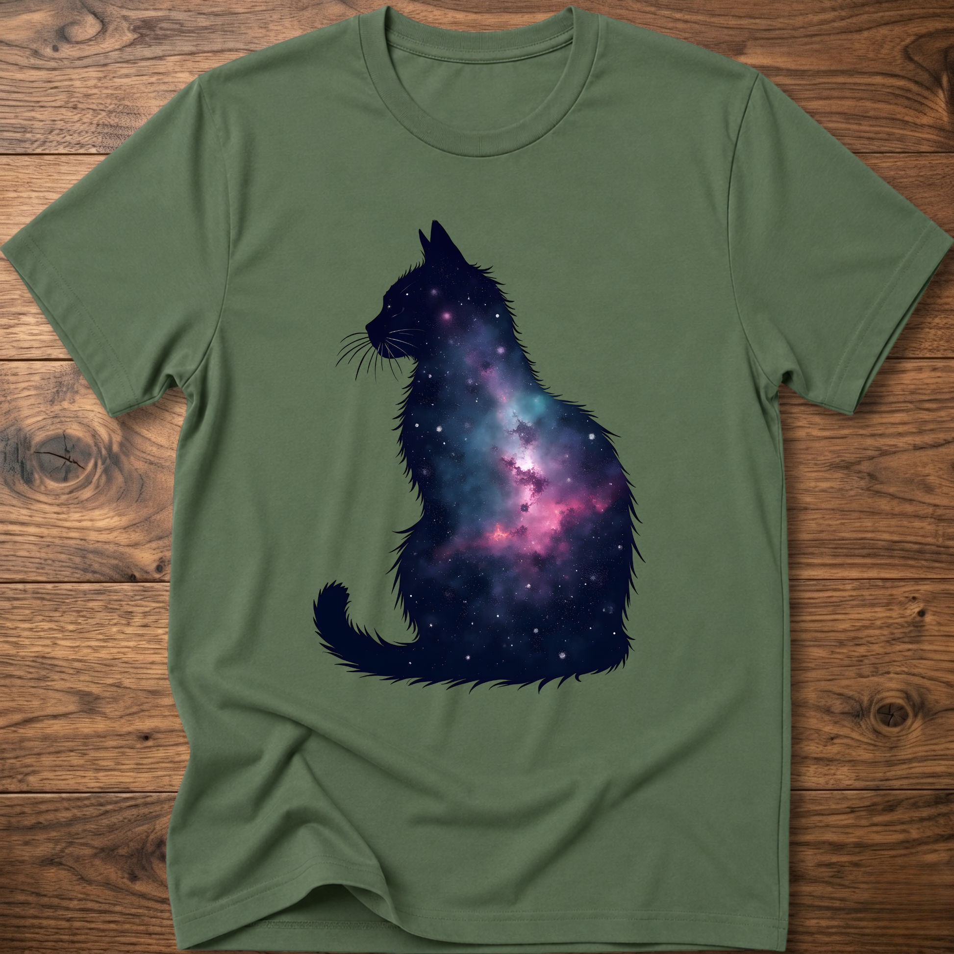Military green t-shirt with galaxy cat graphic on the front