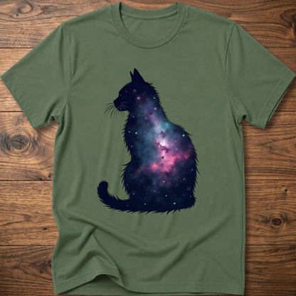 Military green t-shirt with galaxy cat graphic on the front