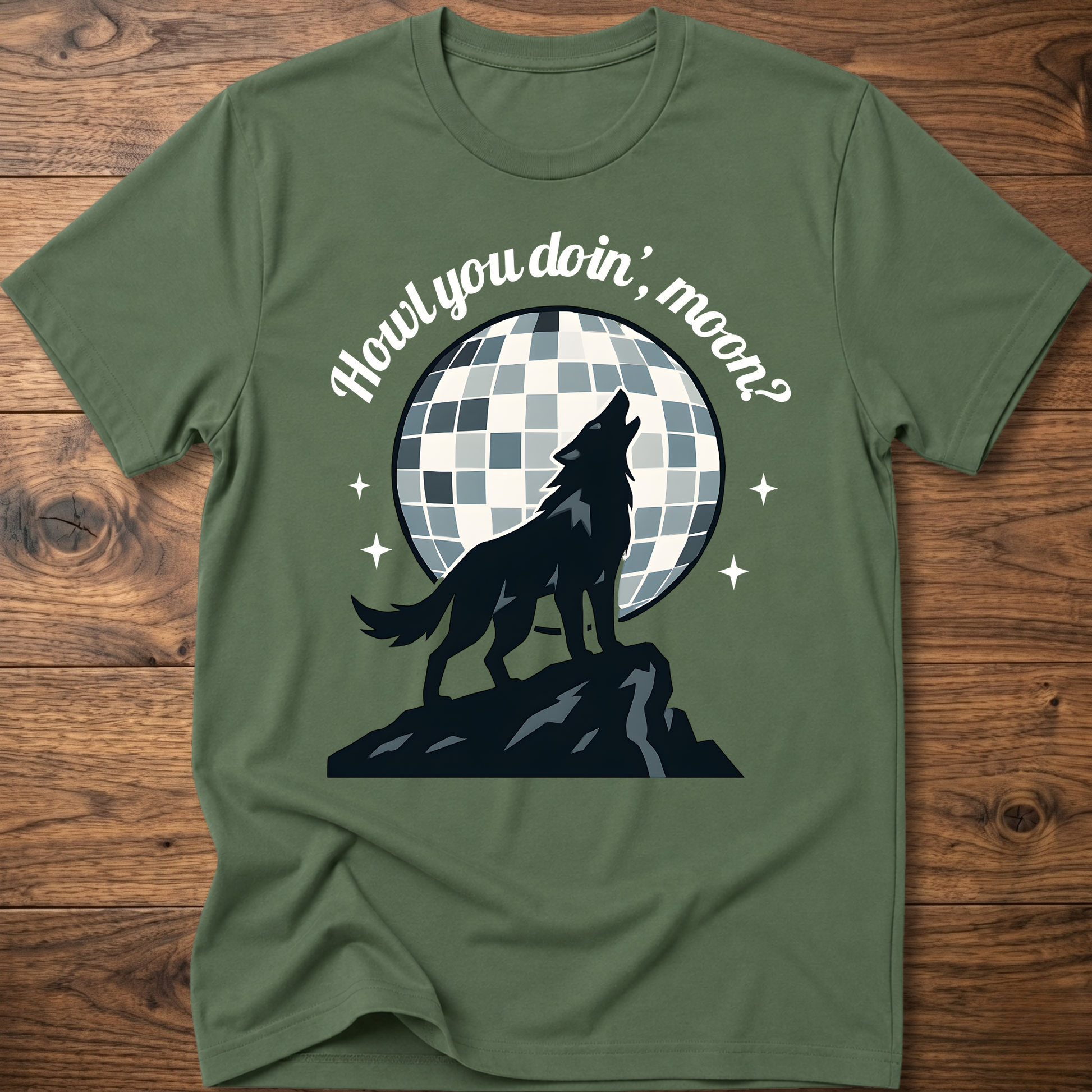 Olive green wolf graphic T-shirt with circular check background and slogan text