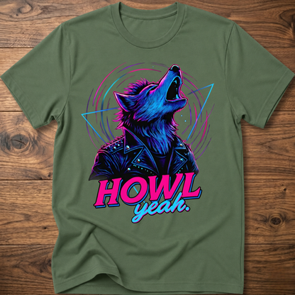 Green wolf graphic t-shirt with neon 'Howl Yeah' text print