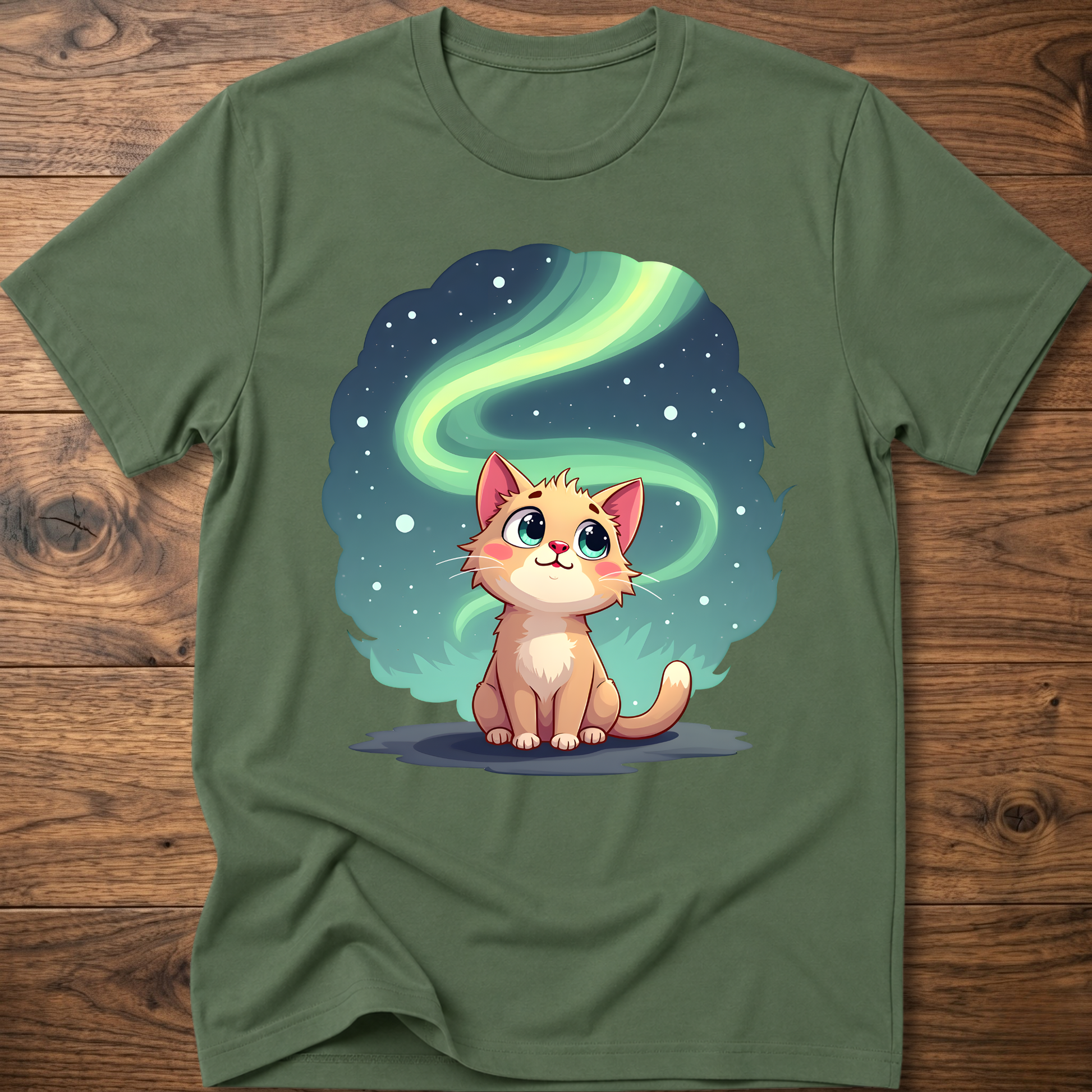 Olive green kitty graphic t-shirt with glowing green swirl and cute cat