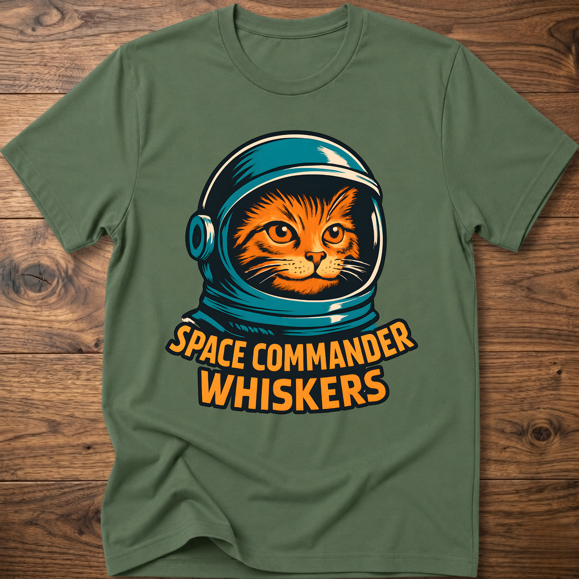Astronaut cat graphic T-shirt, olive green; “SPACE COMMANDER WHISKERS” print