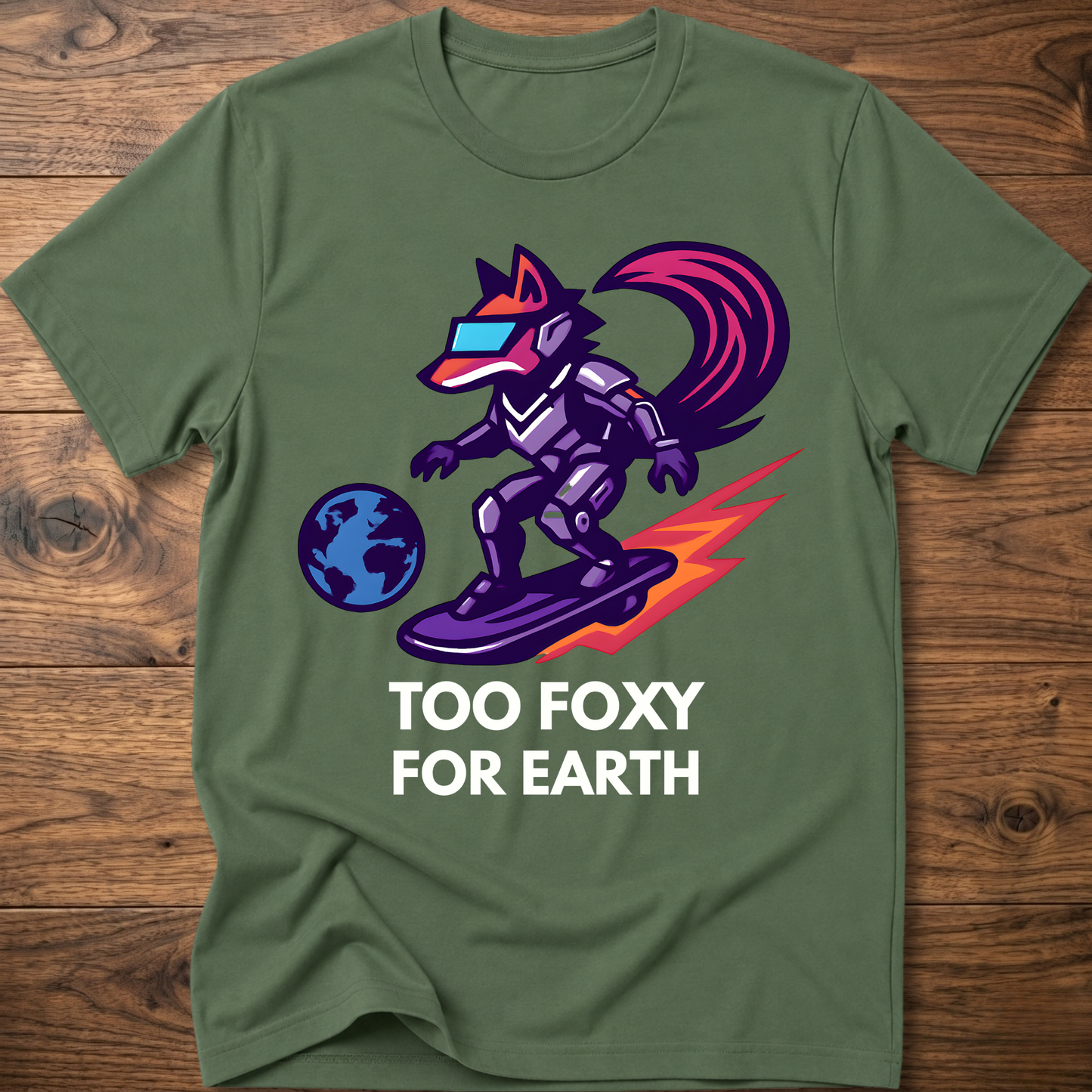 Olive green T-shirt with fox astronaut graphic: 'TOO FOXY FOR EARTH'