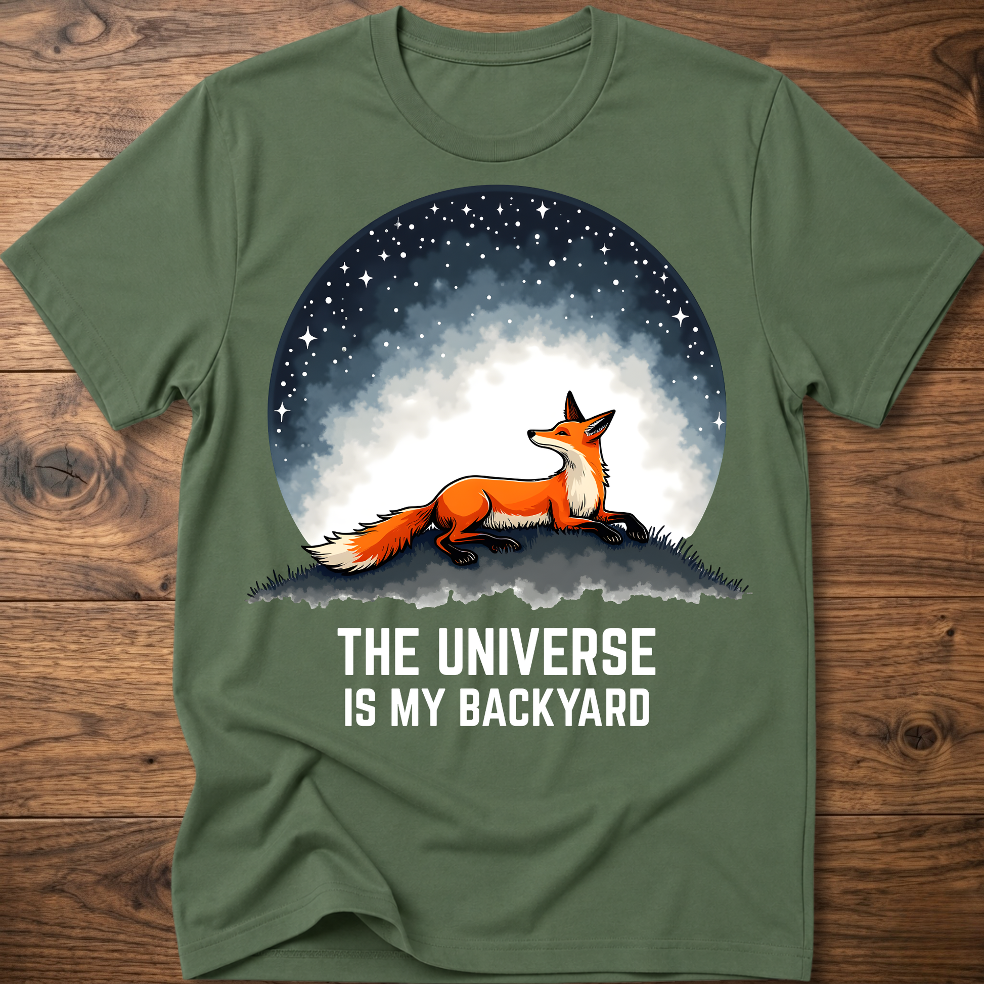 Olive crewneck T-shirt with fox under space dome graphic and 'The Universe Is My Backyard'