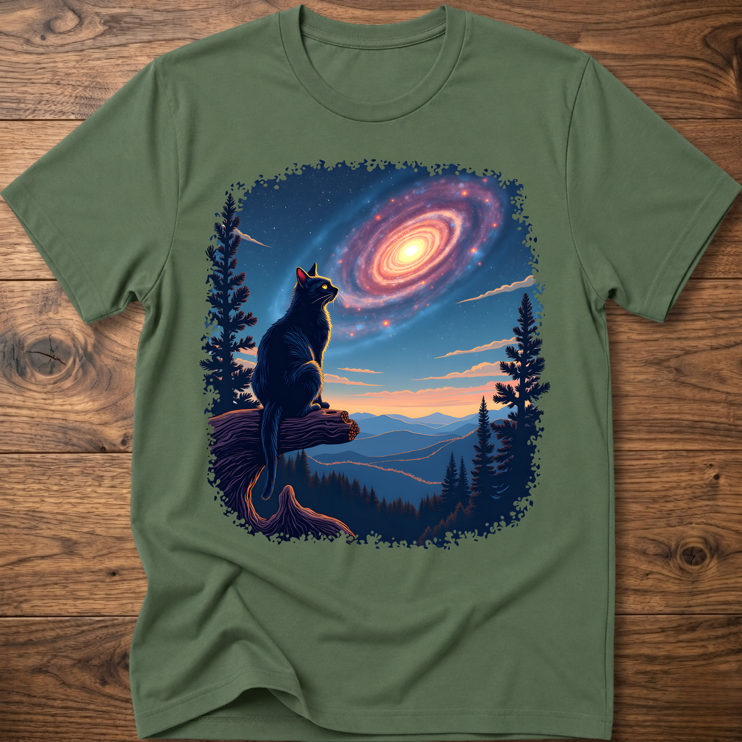 Olive green cat galaxy t-shirt with standing cat, spiral nebula, pine trees