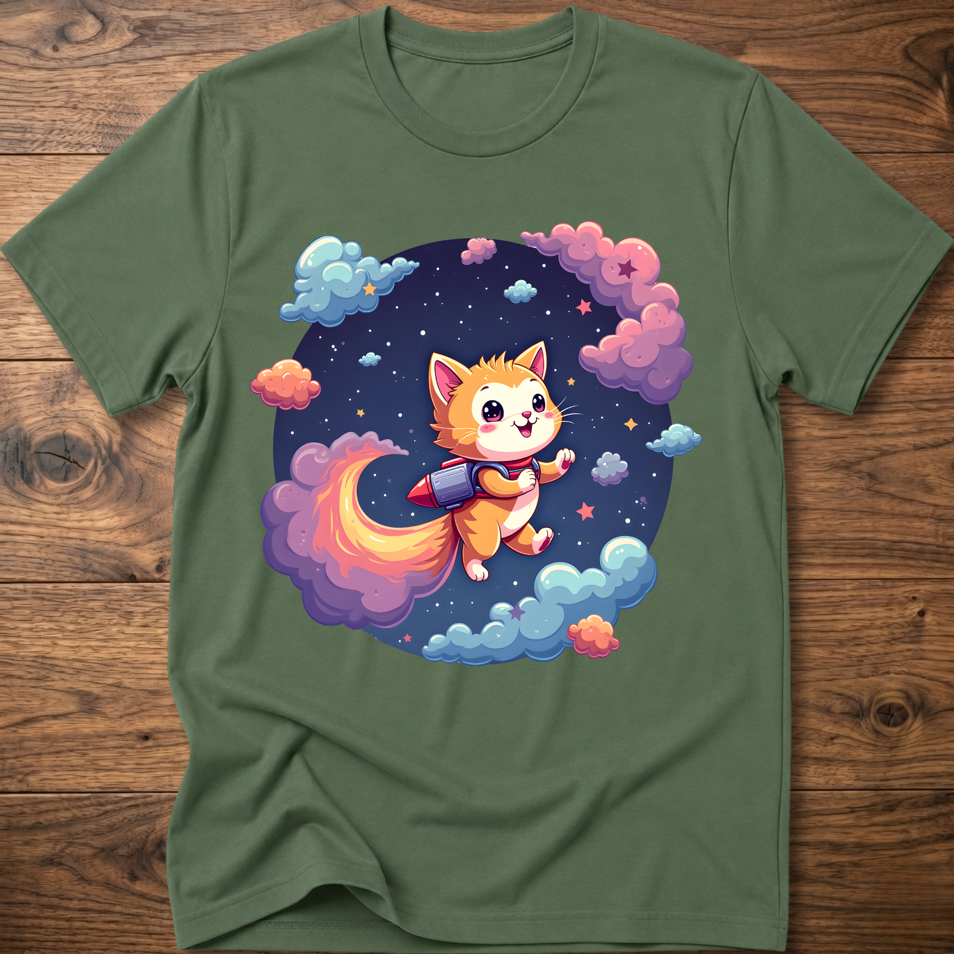 Military green kids' graphic T-shirt with smiling orange astronaut cat in a galaxy wreath