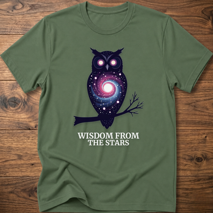 Olive green t-shirt with owl nebula graphic and “Wisdom from the Stars” text