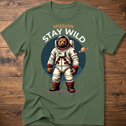 Olive green crew-neck T-shirt with 'Mission Stay Wild' astronaut bear graphic