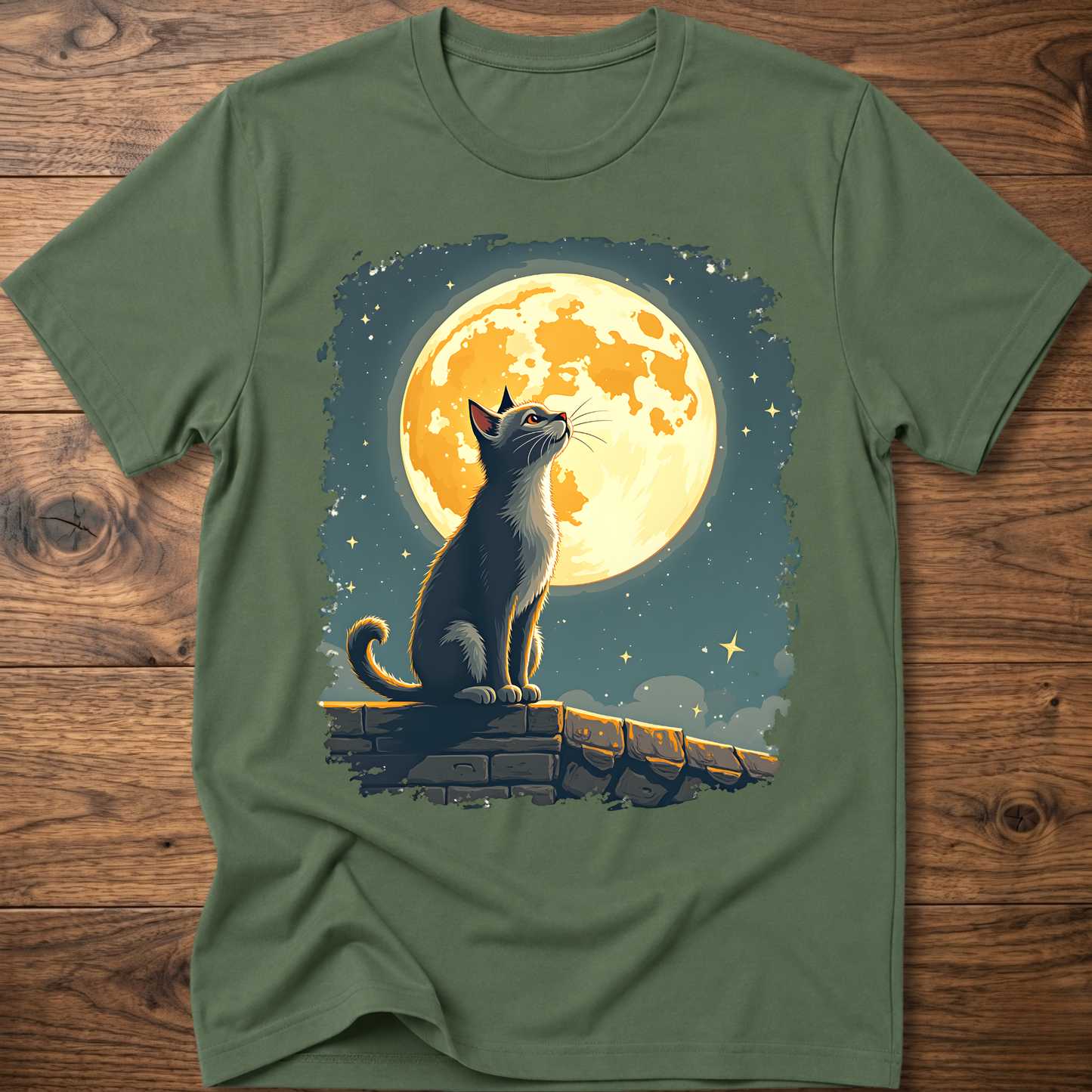 Olive green cat graphic t-shirt with moonlit mural print