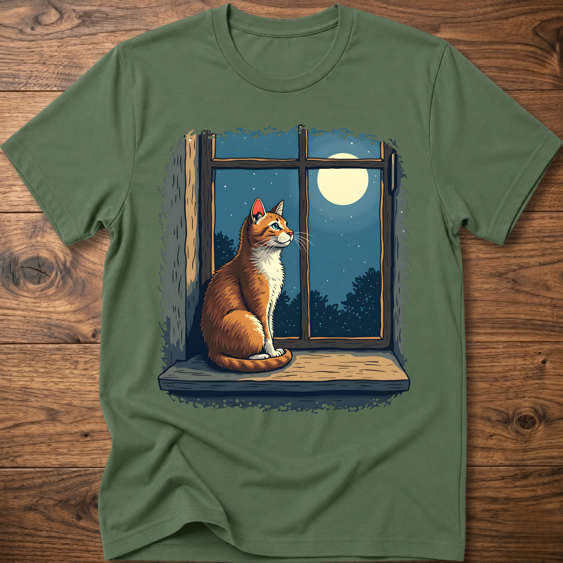 Olive green t-shirt with vintage cat sitting by a window under a moon