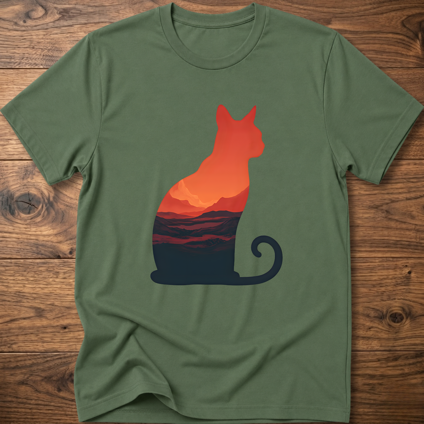Martian cat graphic t-shirt, military green; orange cat with sunset landscape graphic