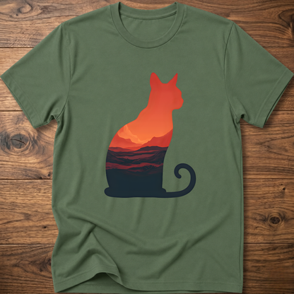 Martian cat graphic t-shirt, military green; orange cat with sunset landscape graphic