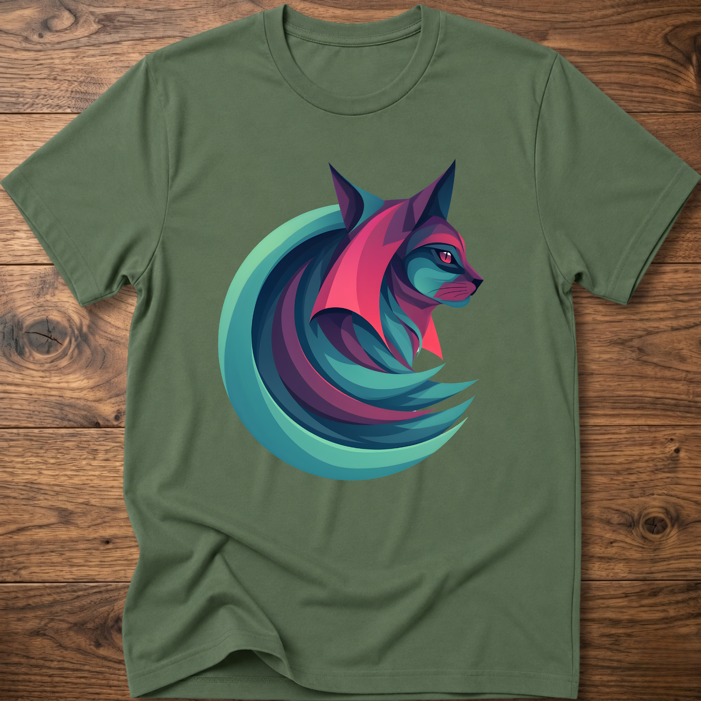 Geometric cat graphic T-shirt, military green, crew neck short sleeves