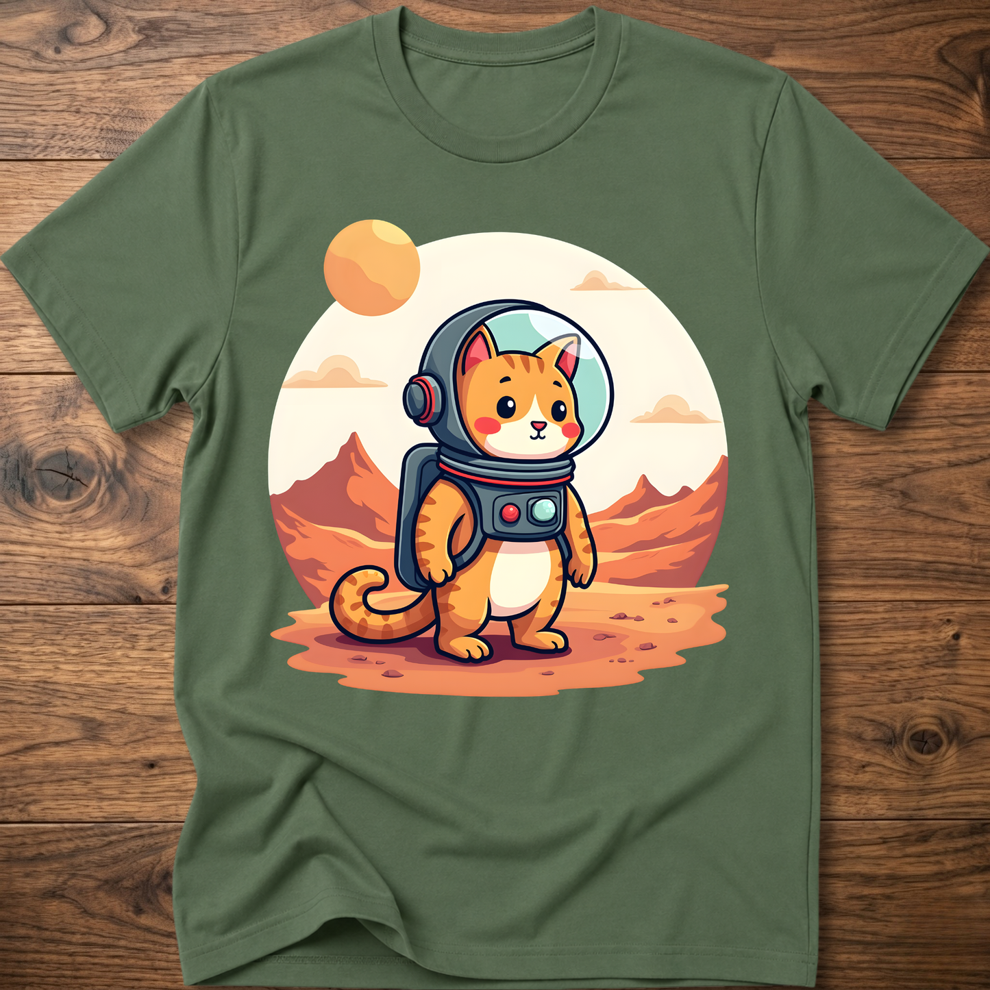 Olive green crew-neck T-shirt with astronaut cat graphic in the center