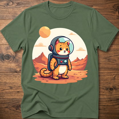 Olive green crew-neck T-shirt with astronaut cat graphic in the center