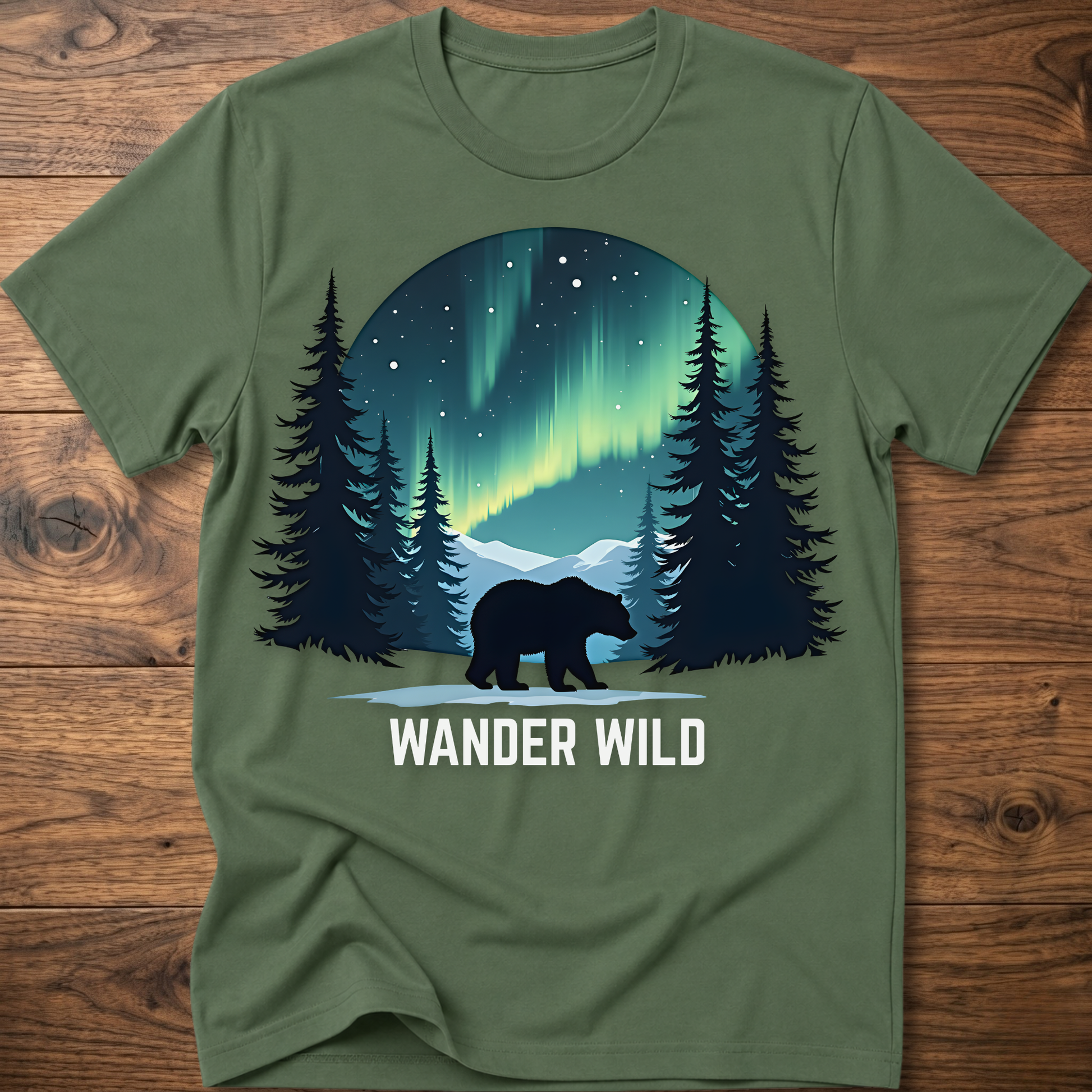 Olive crew-neck t-shirt with bear in forest graphic and 'Wander Wild' text