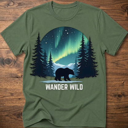 Olive crew-neck t-shirt with bear in forest graphic and 'Wander Wild' text