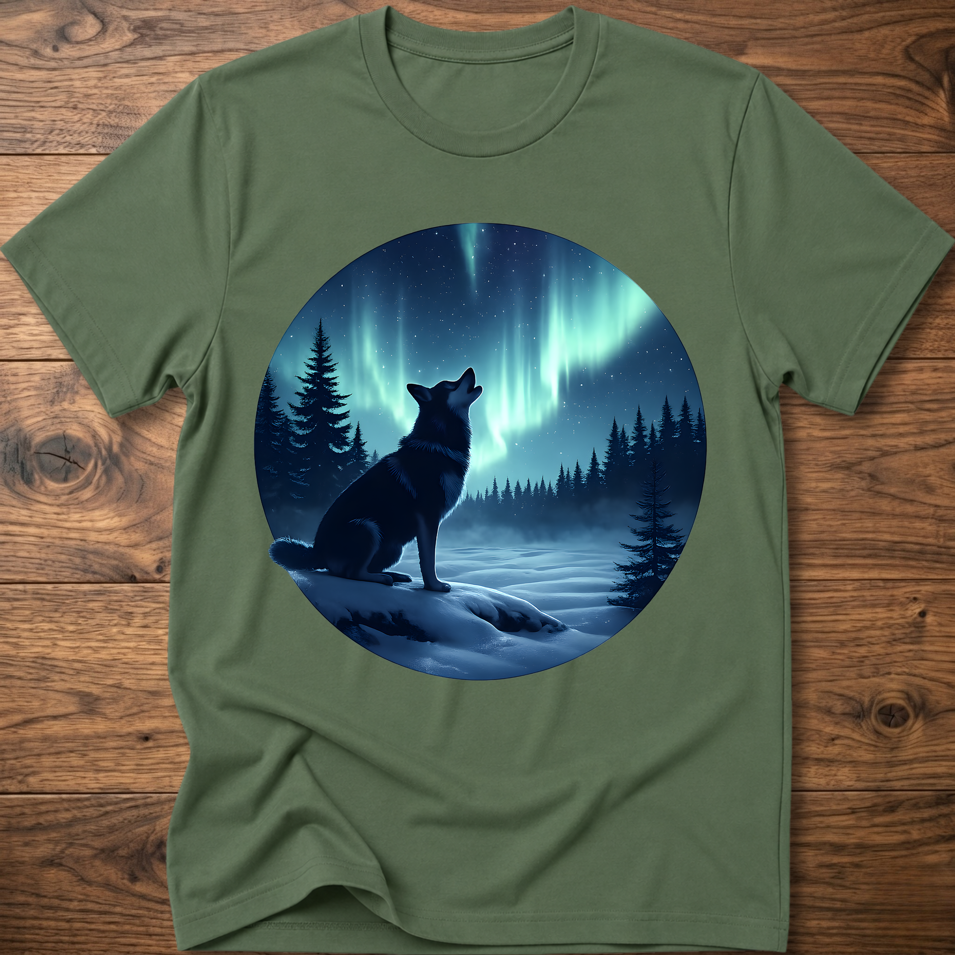 Military green dog graphic t-shirt with circular aurora scene and dog silhouette