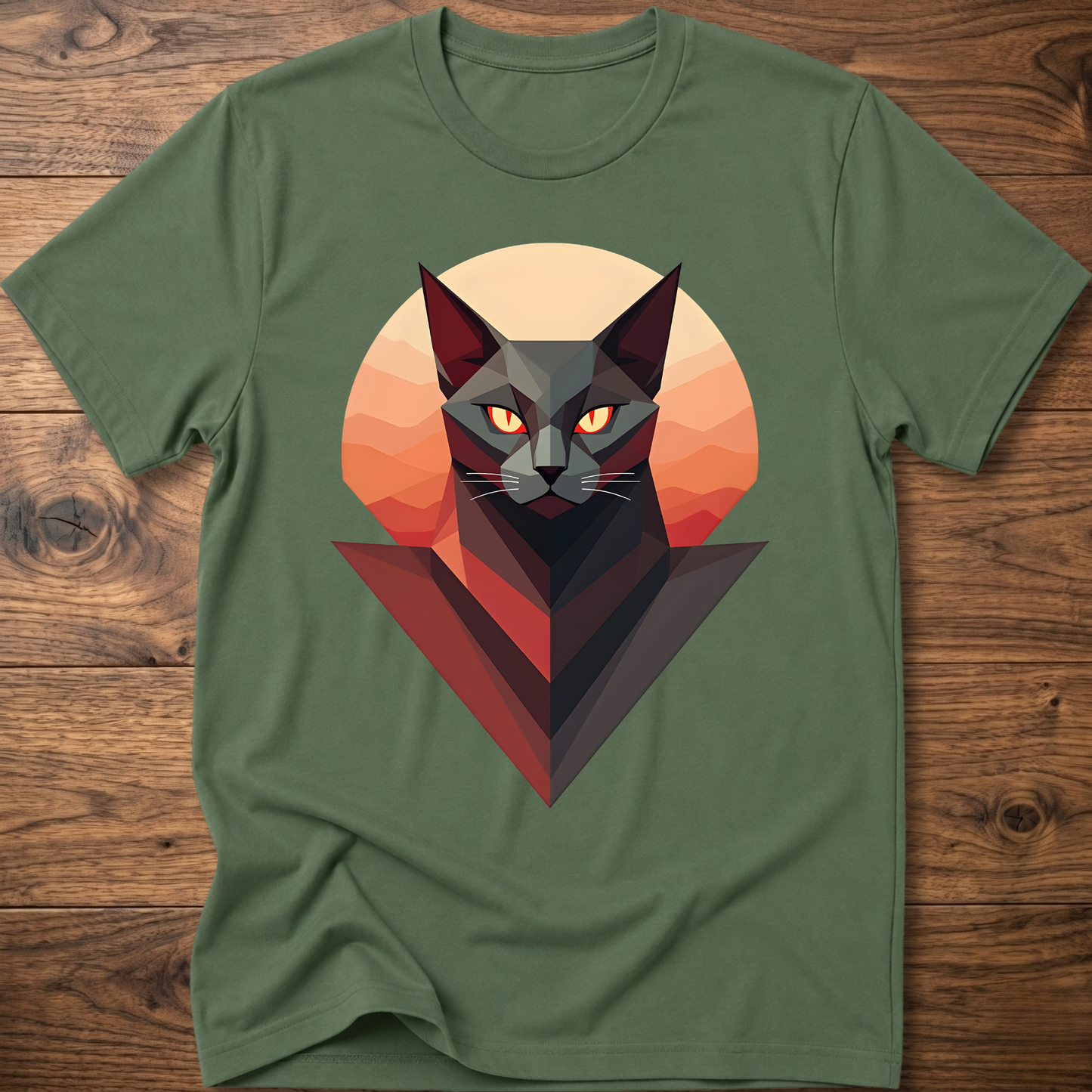 Military green crew-neck cat geometric graphic T-shirt, short sleeves, angular cat face