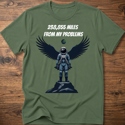 Olive green crewneck t-shirt with astronaut-eagle graphic and text '238,855 Miles'.