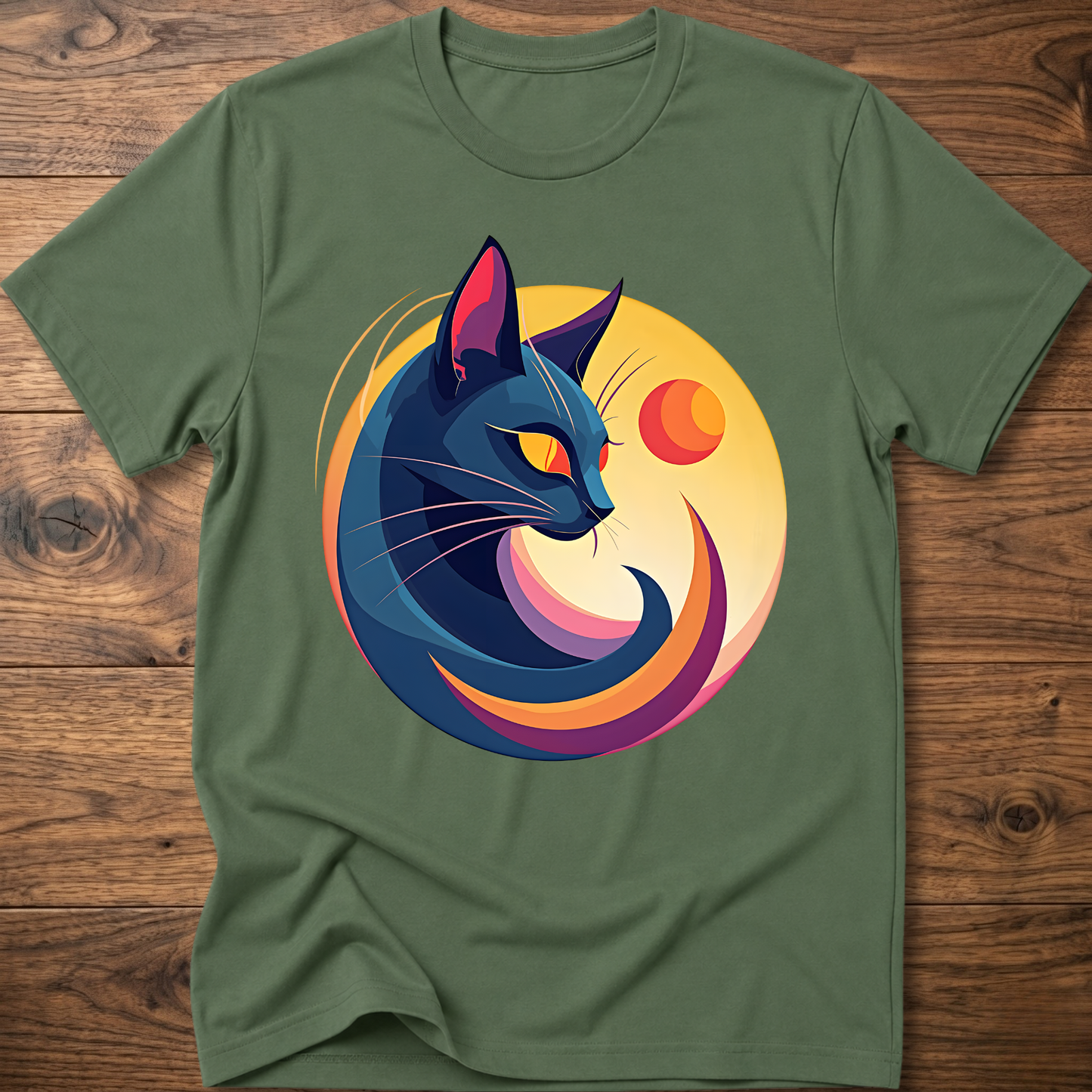 Olive green cat and moon geometric graphic t-shirt, short-sleeve crew neck