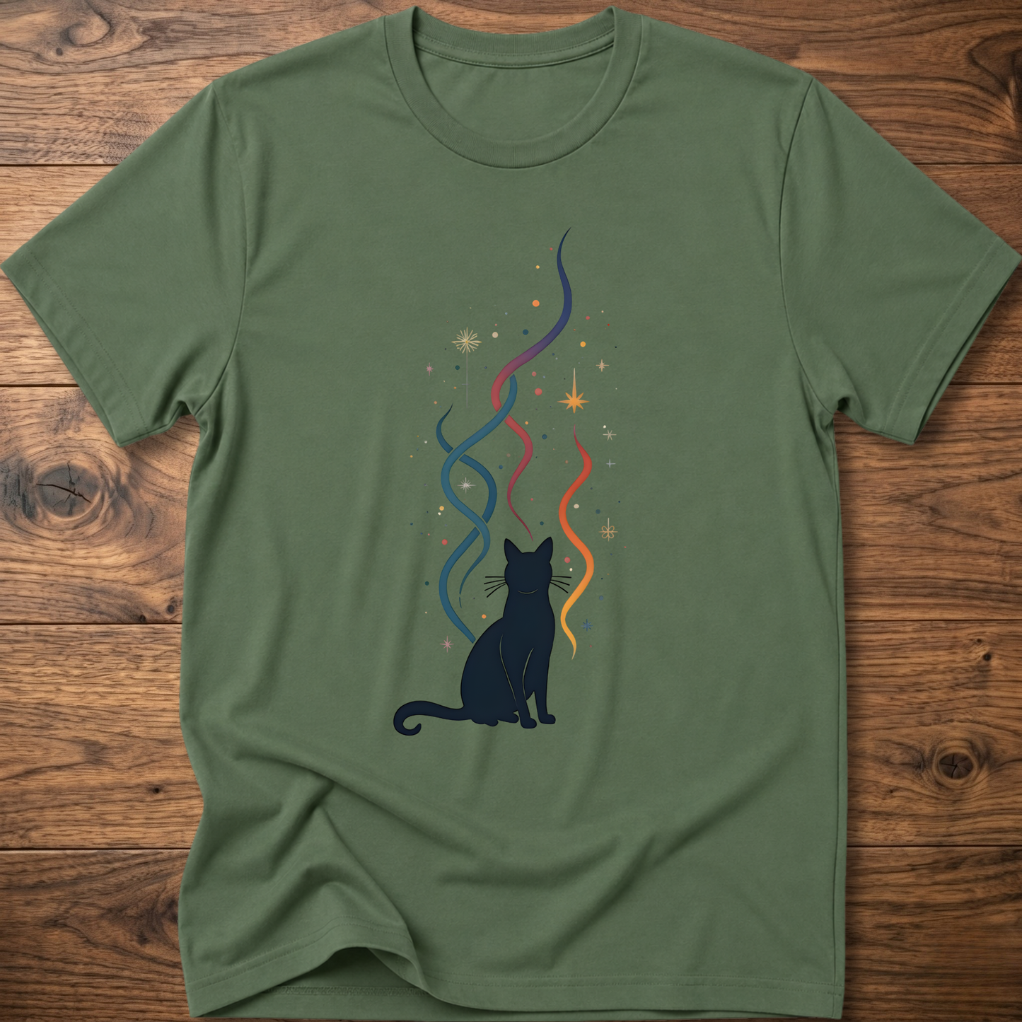 Olive green crew-neck T-shirt with black cat silhouette and multicolor line graphic