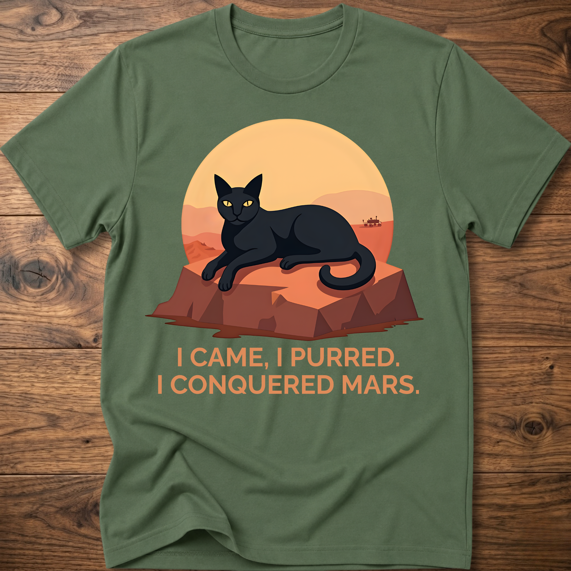 Conquered Cat T-shirt, Irish green; lounging cat graphic with orange text 'I CAME, I PURRED.'