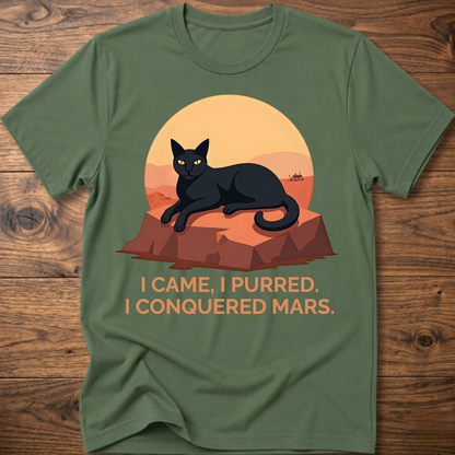 Conquered Cat T-shirt, Irish green; lounging cat graphic with orange text 'I CAME, I PURRED.'