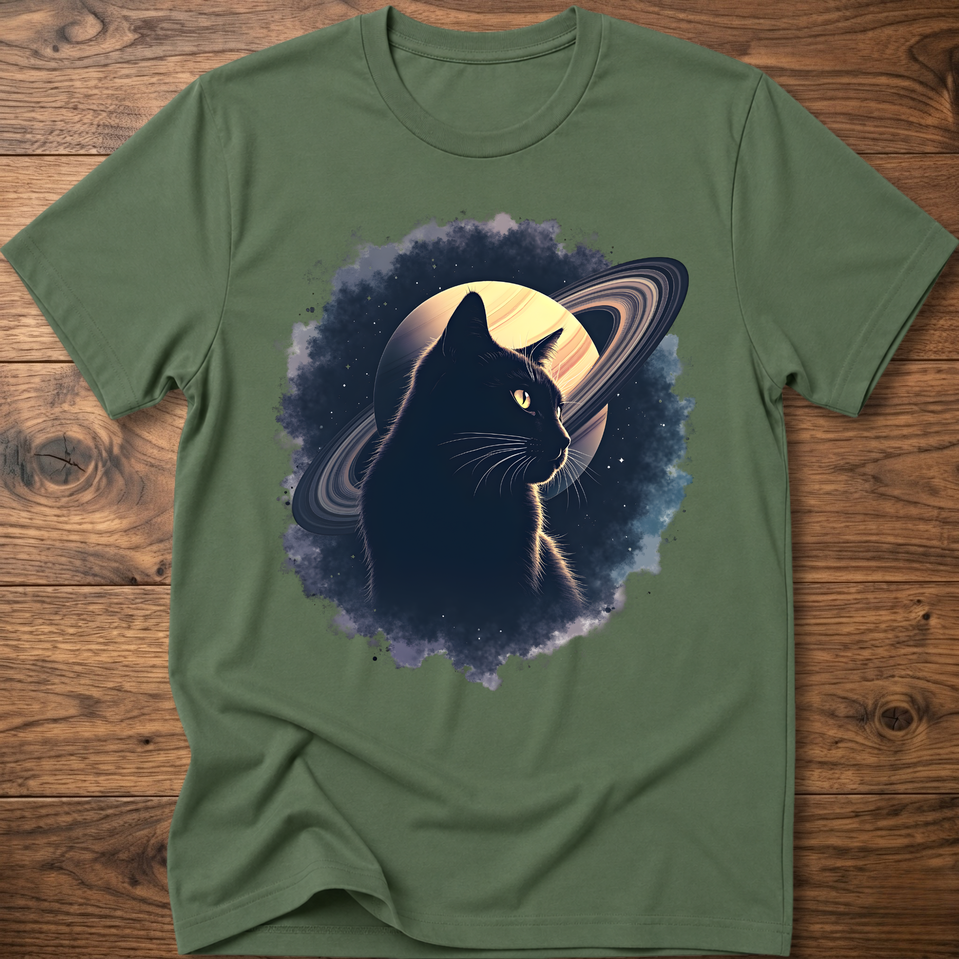 Olive green cat graphic t-shirt with moon and swirl design, crew neck short sleeves