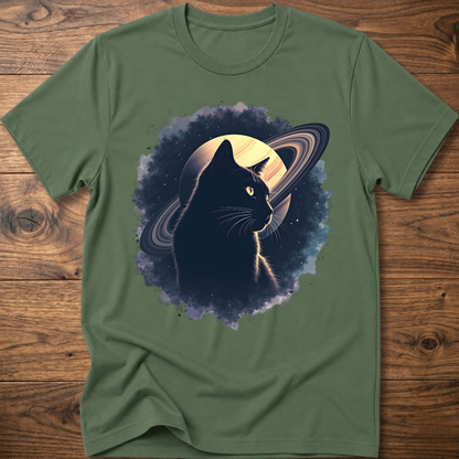 Olive green cat graphic t-shirt with moon and swirl design, crew neck short sleeves