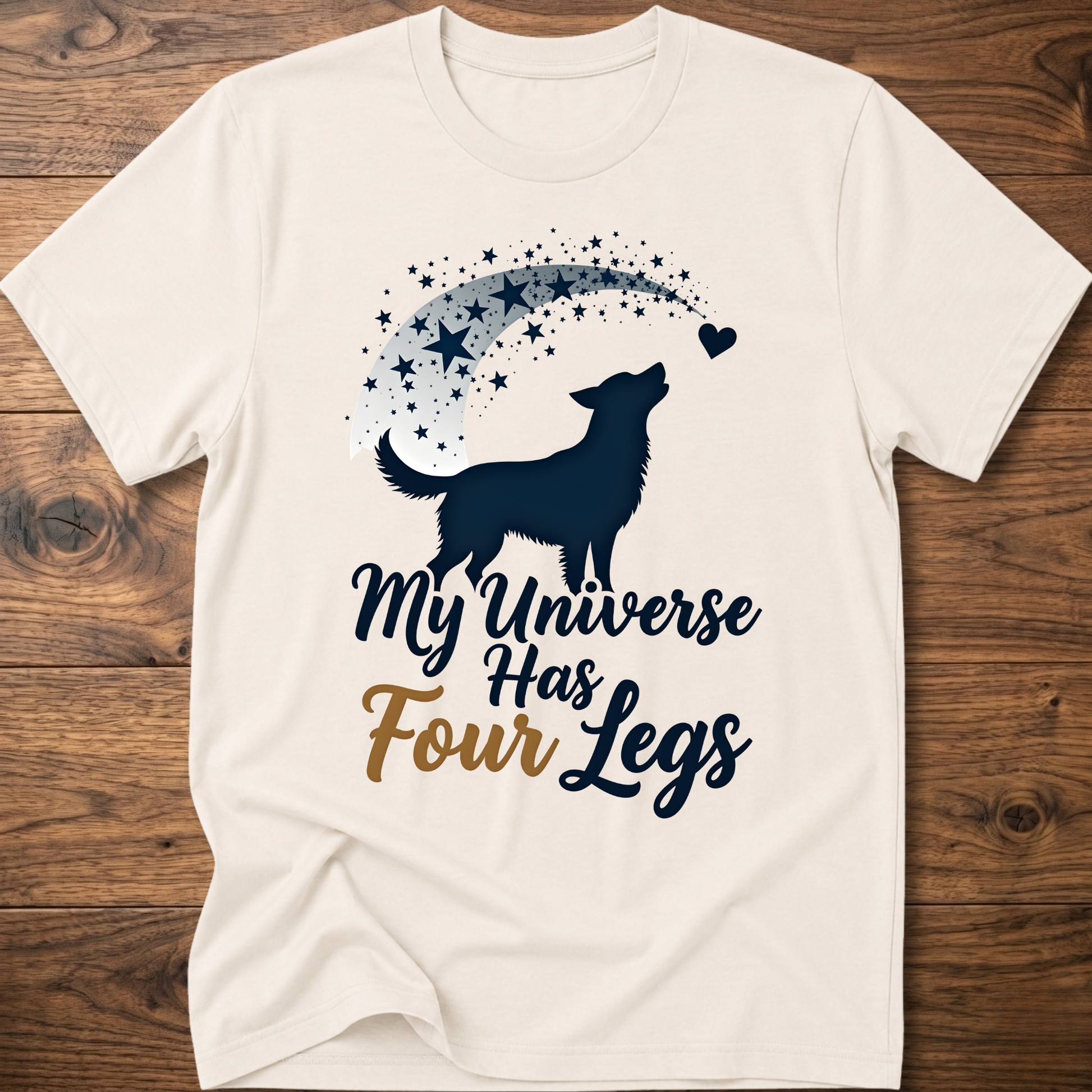 White dog graphic crew-neck T-shirt with 'My Universe Has Four Legs' text