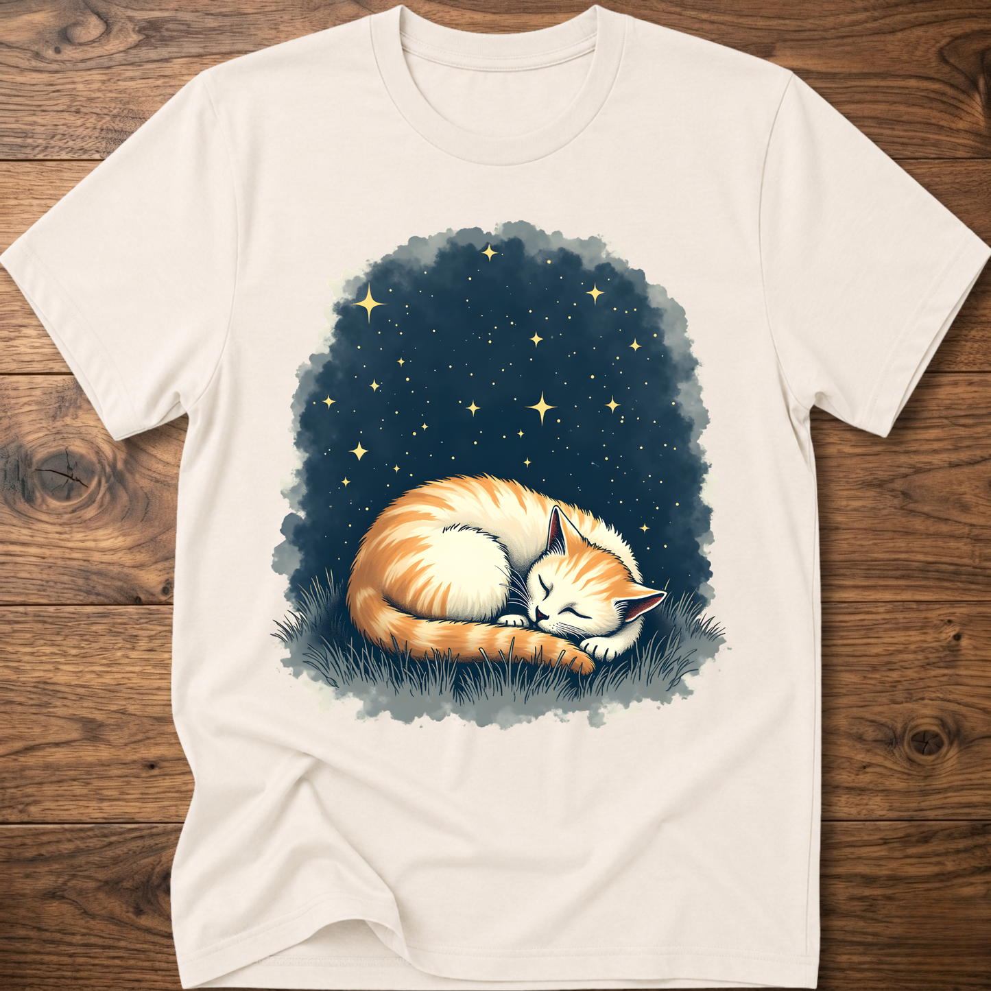 Vintage cat graphic t-shirt in off-white, sleeping cat starlight print