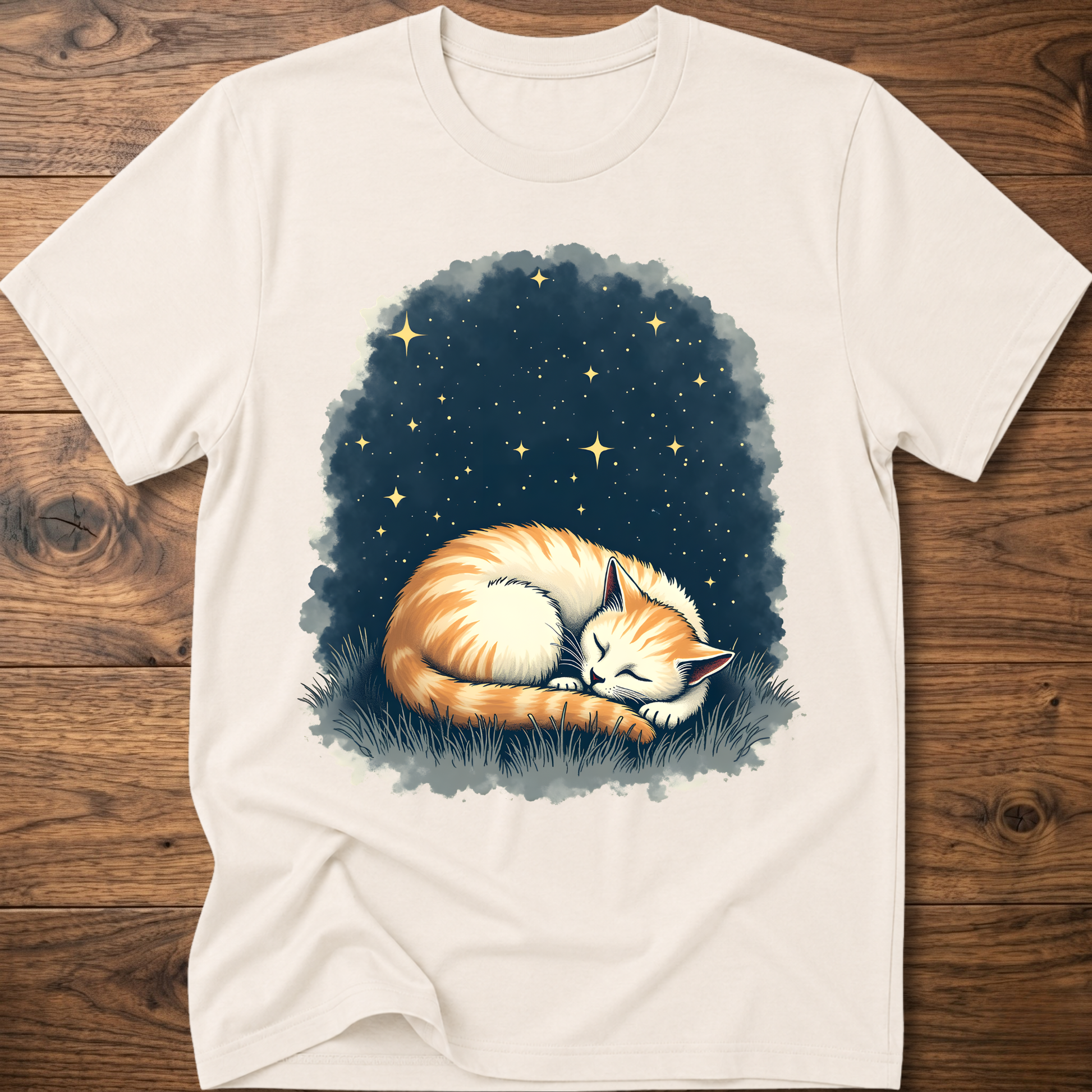 Vintage cat graphic t-shirt in off-white, sleeping cat starlight print