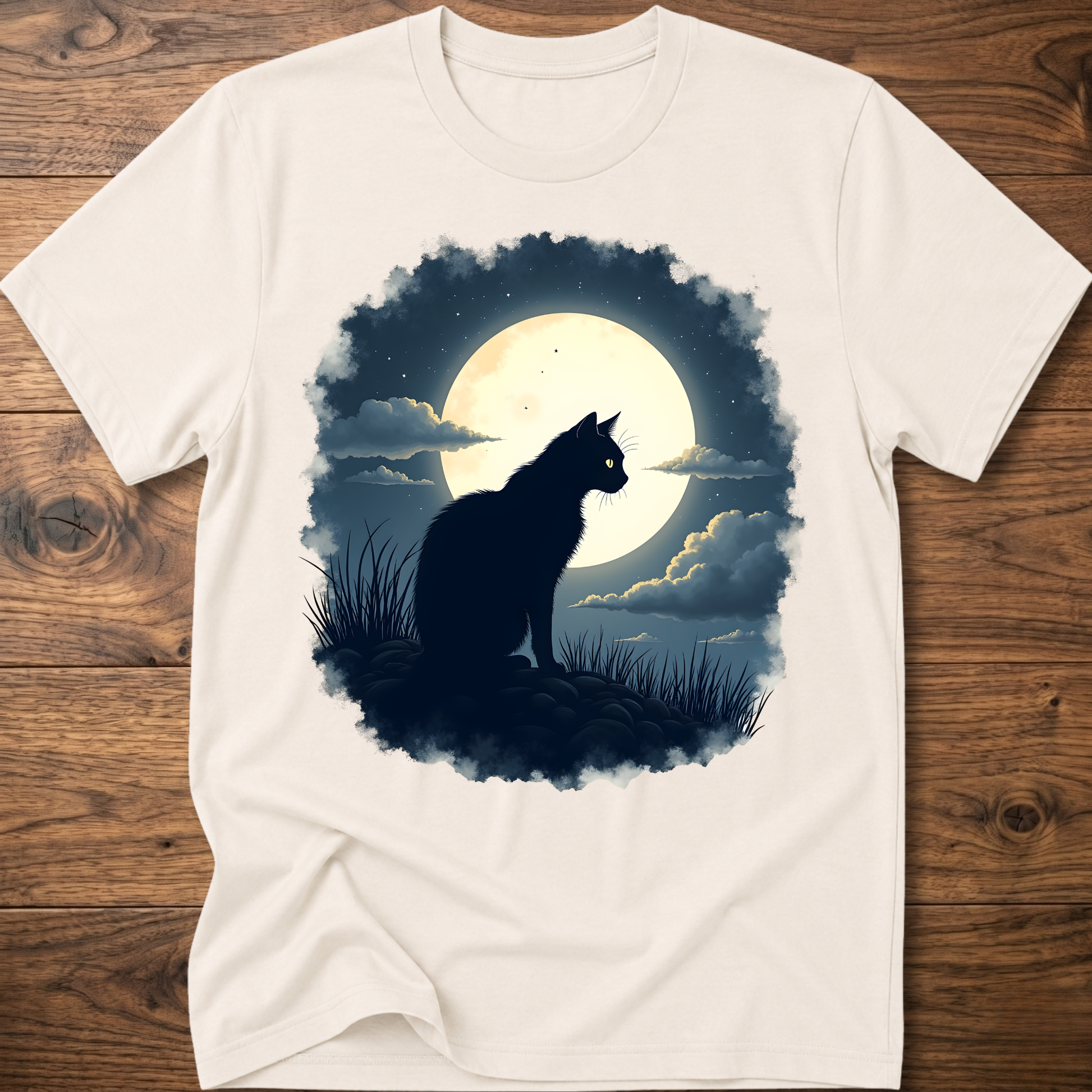 Off-white T-shirt with black cat silhouette under full moon graphic