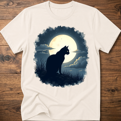 Off-white T-shirt with black cat silhouette under full moon graphic