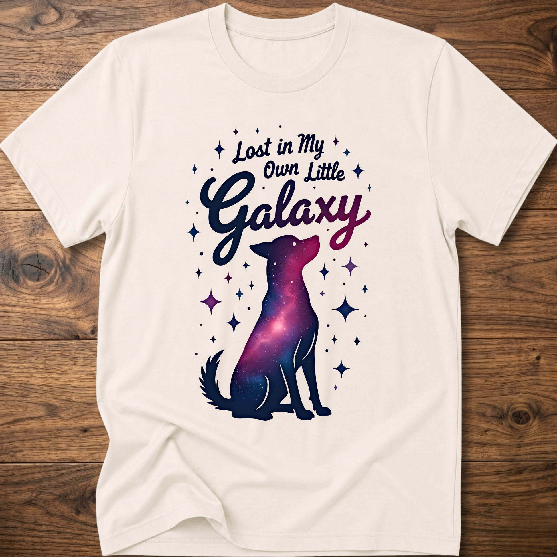 Cream crewneck dog T-shirt with galaxy graphic and sparkly stars