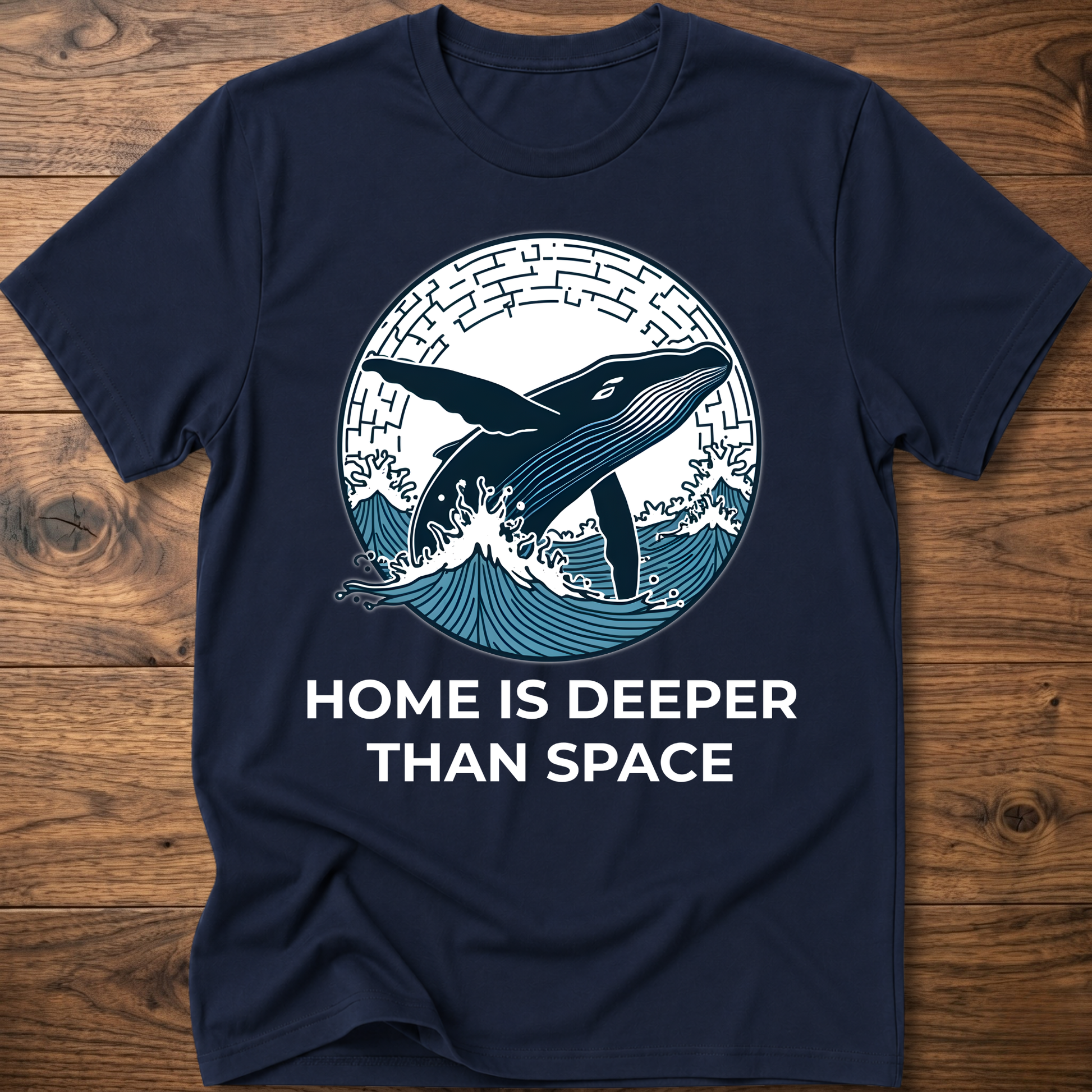 Dark navy T-shirt with whale surf graphic and “HOME IS DEEPER THAN SPACE” text