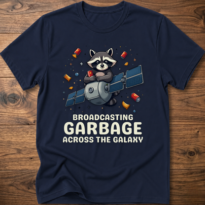 Navy crew-neck T-shirt with raccoon holding megaphone graphic and “Broadcasting Garbage” text.