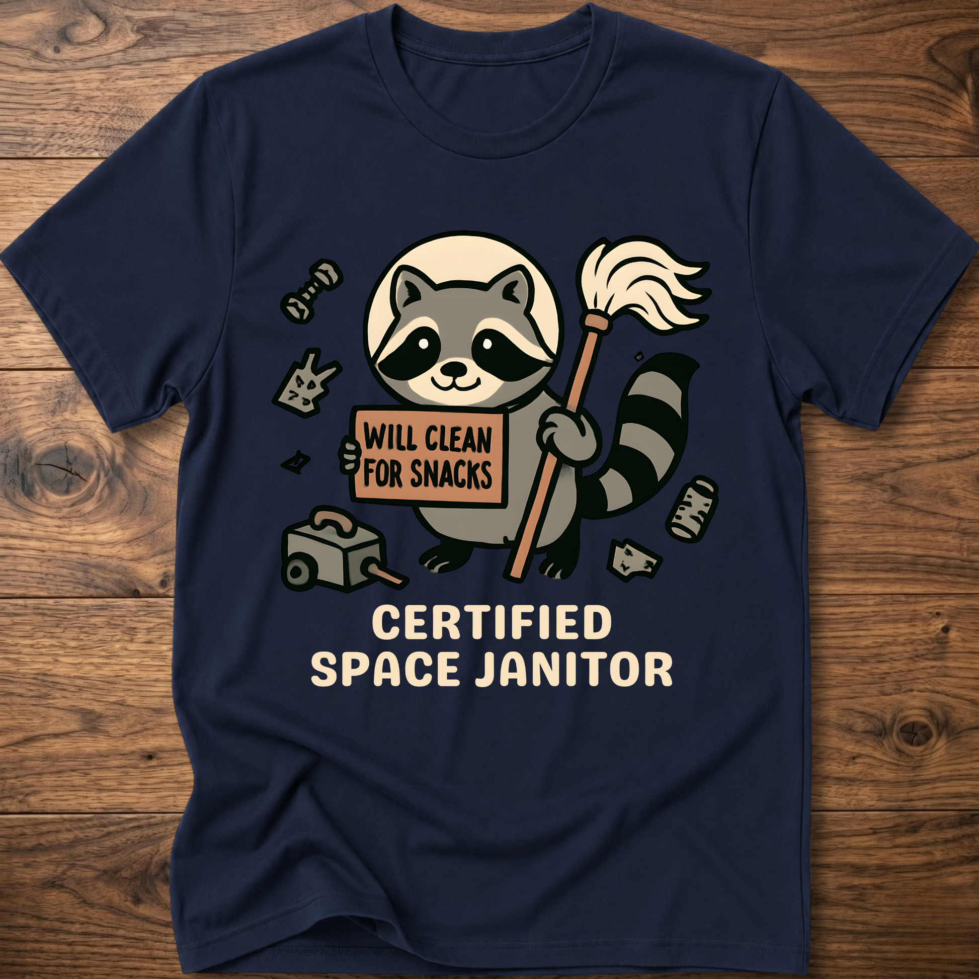 Raccoon space janitor graphic t-shirt, navy