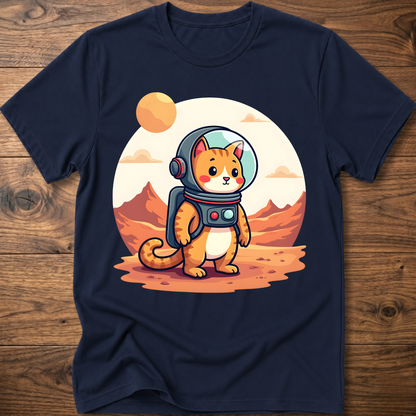 Navy crew-neck T-shirt with astronaut cat graphic in the center